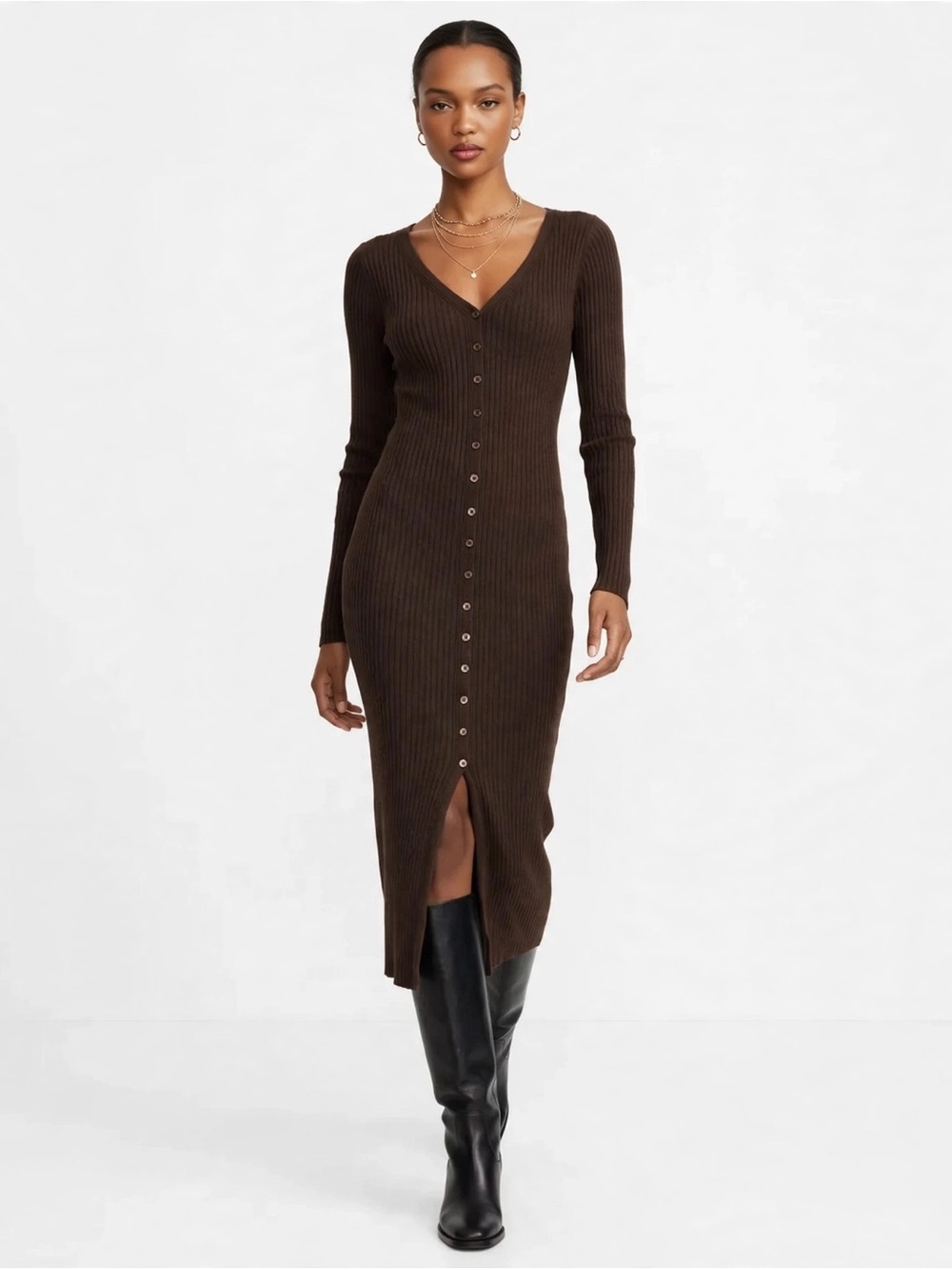 Babaton Avalon Merino Wool Knit Midi Dress Espresso Brown M
